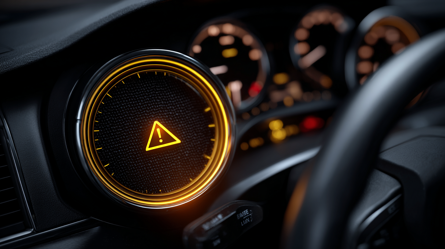 Car dashboard showing yellow exclamation mark warning light, realistic photo